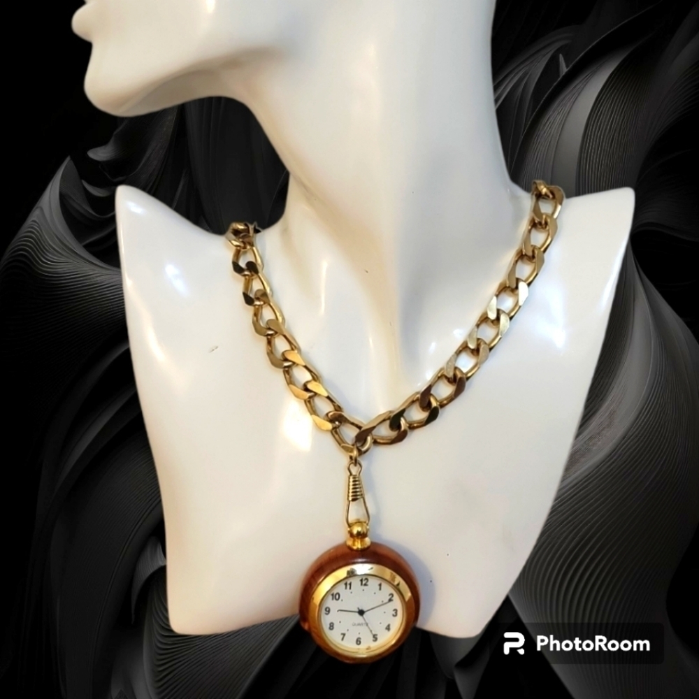 VTG Wood Pocket Watch Heavy Chain Gasparilla Necklace